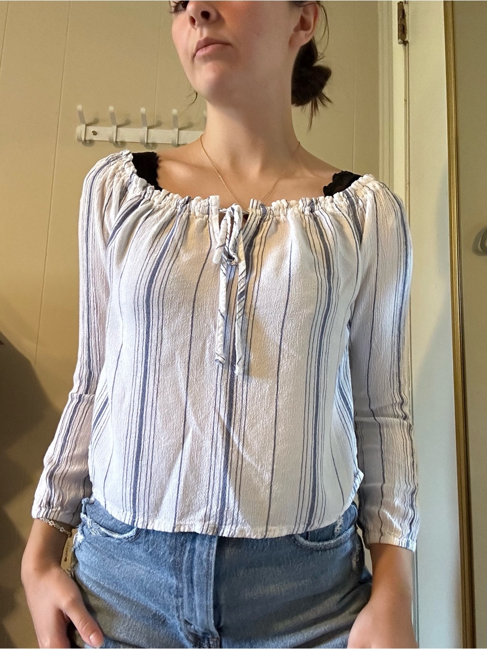 Women’s White and Blue Striped Peasant Blouse